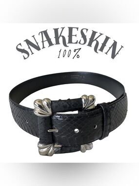 Vintage Women's Dame 100% Genuine Black Snakeskin Belt Silver Shell Buckle